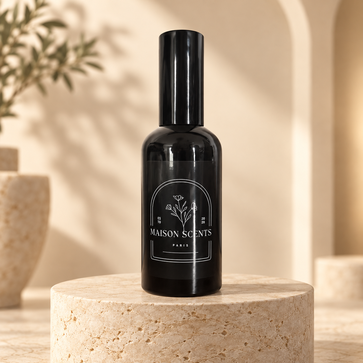 White Tea Room Spray by Maison Scents on a luxury travertine pedestal
