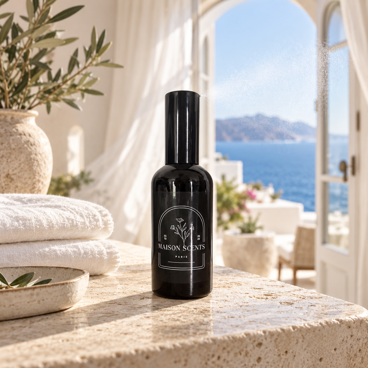 Frasier Fir Room Spray by Maison Scents in a Mediterranean coastal suite