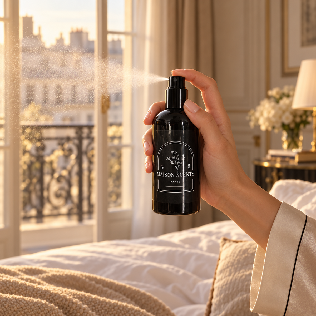 White Tea Room Spray by Maison Scents in a luxury Parisian hotel suite