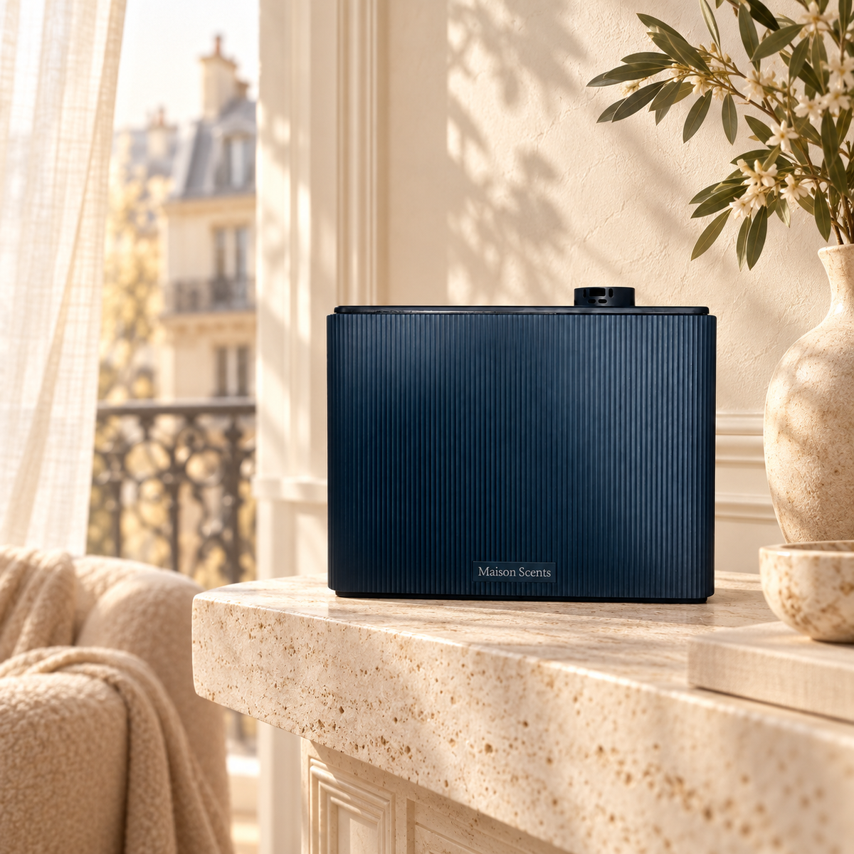 Maison Scents S45 whole-home diffuser in a dreamy warm ivory Parisian interior
