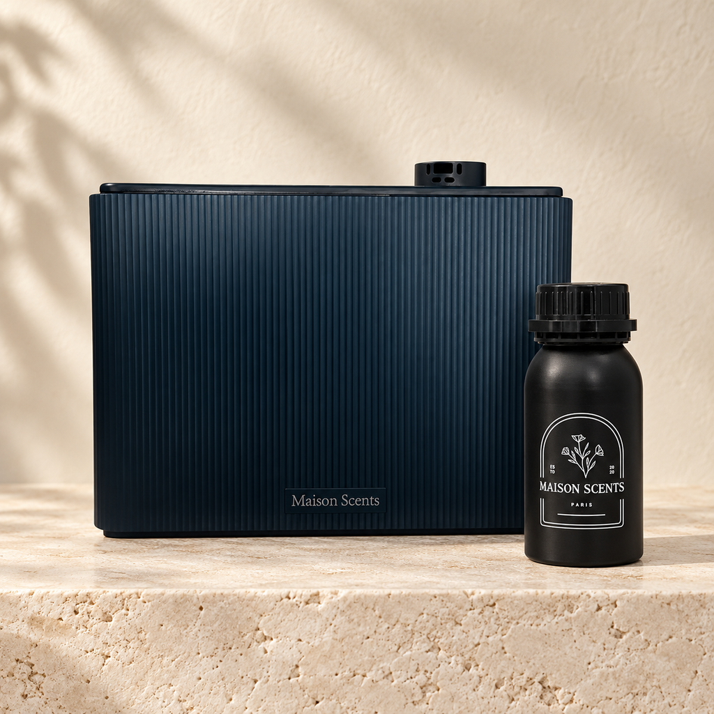 Maison Scents S45 whole-home HVAC diffuser with 100ML black metal fragrance oil bottle