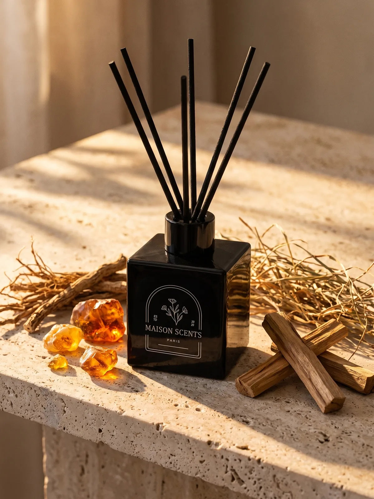 The Grand reed diffuser on travertine with eucalyptus