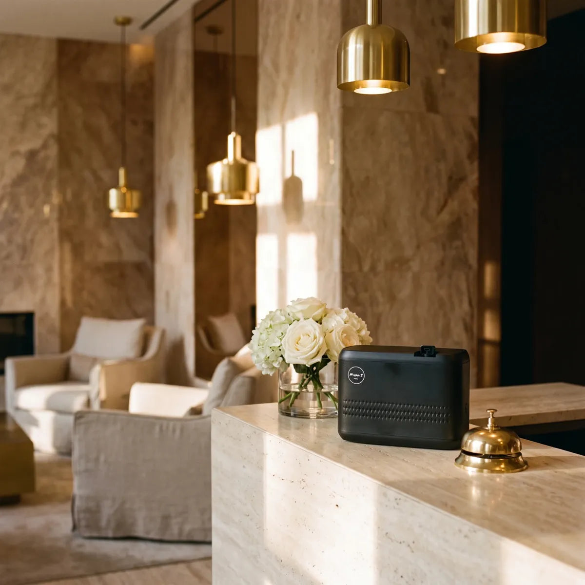 The S80 diffuser on a travertine hotel reception counter beside white roses and a brass bell