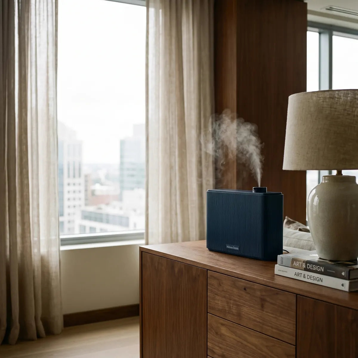 The S45 diffuser on a walnut credenza in a city office, mist rising