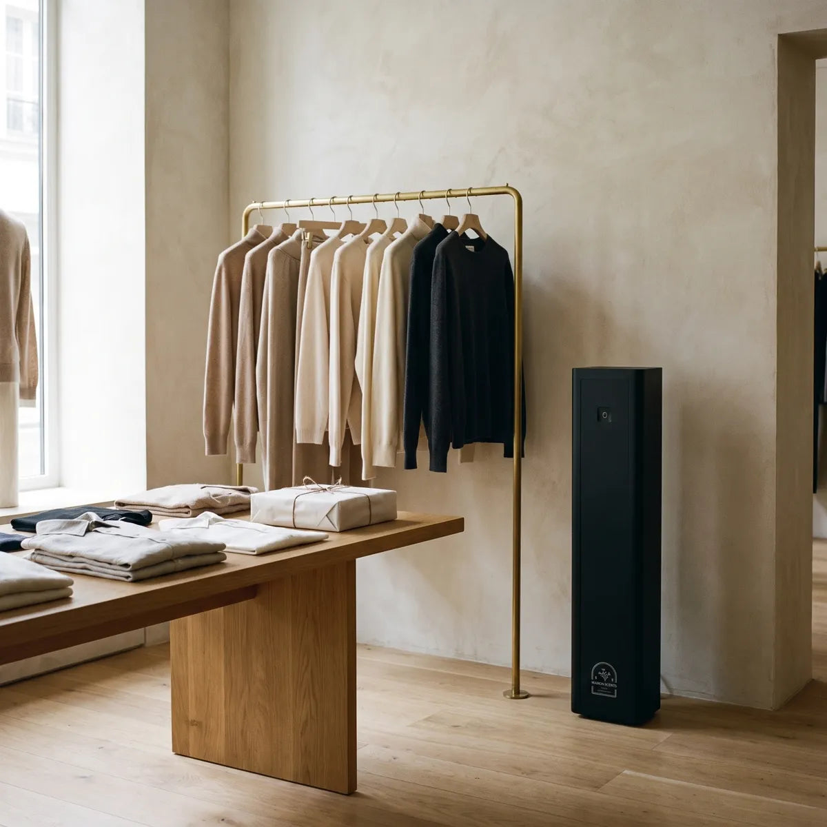 The Mega Tower in a calm cashmere boutique beside a clothing rail