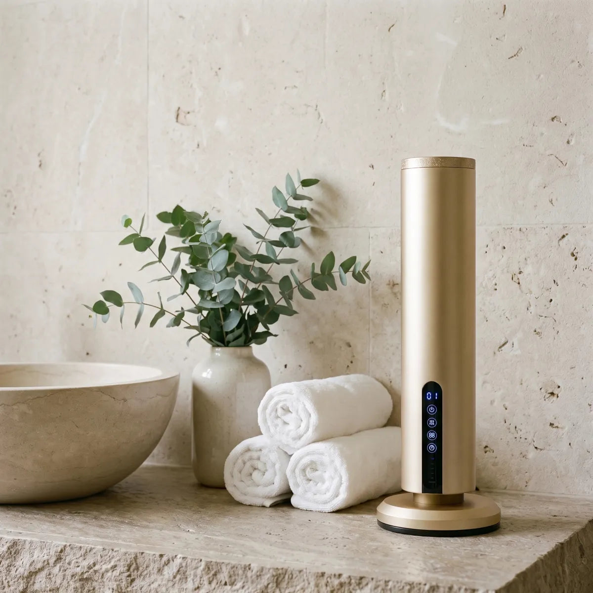 The EiraMist Tower beside rolled towels and eucalyptus in a stone spa room