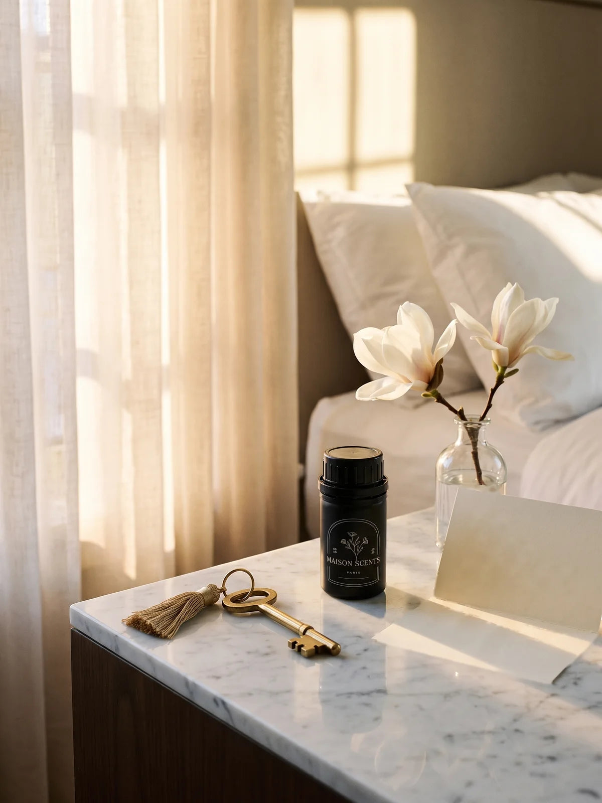 A Maison Scents fragrance oil on a perfumer desk beside scent blotters and a magnolia, in soft window light